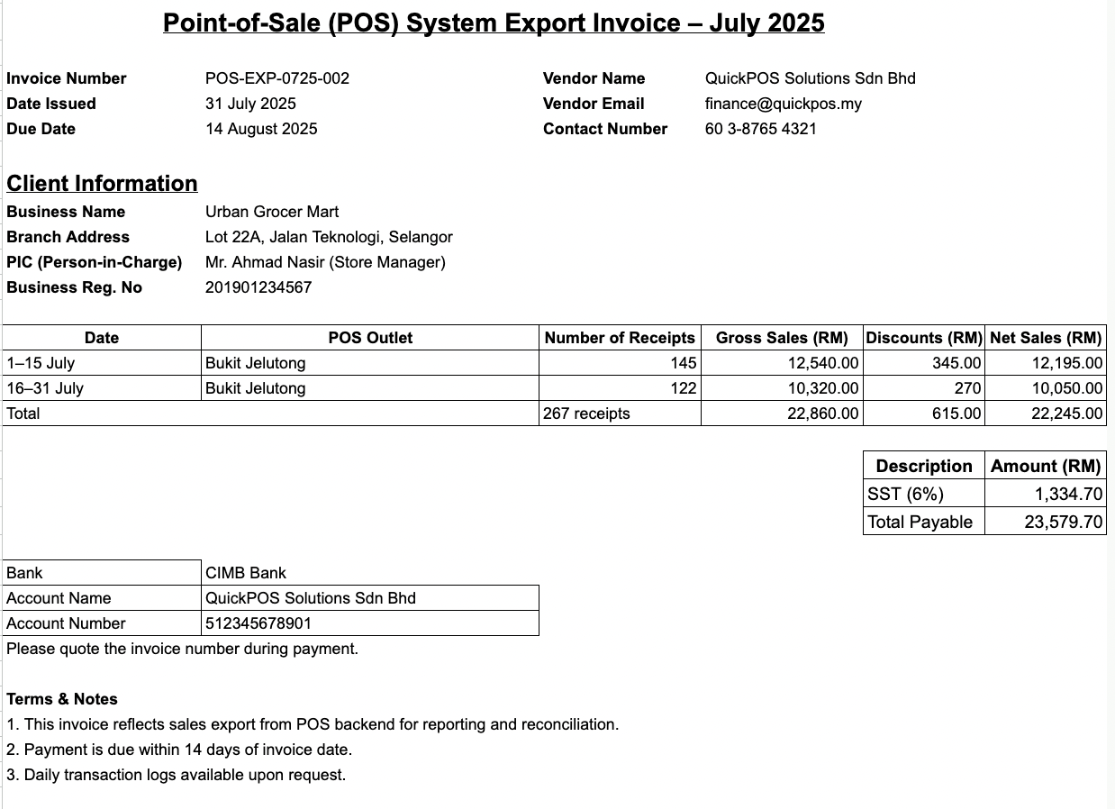 POS System Invoice Export Template